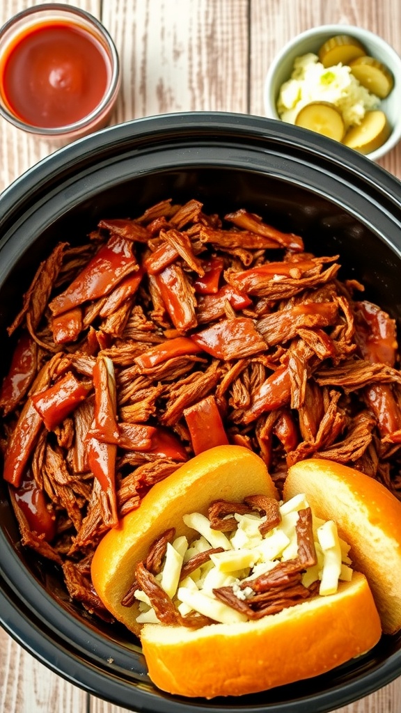 Slow-Cooked Barbecue Beef in a Crockpot Slow-cooked barbecue beef on buns with coleslaw, served from a crockpot.